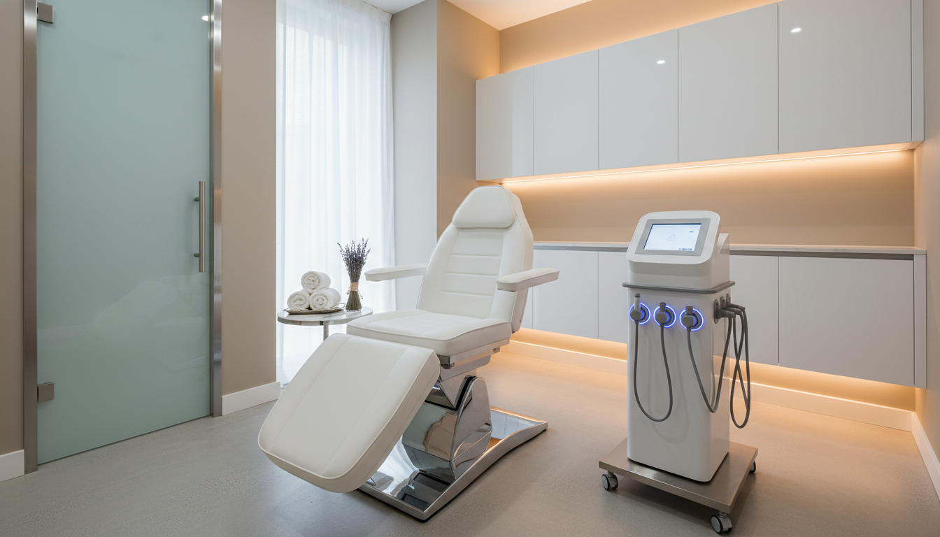 Treatment room with modern equipment and comfortable bed